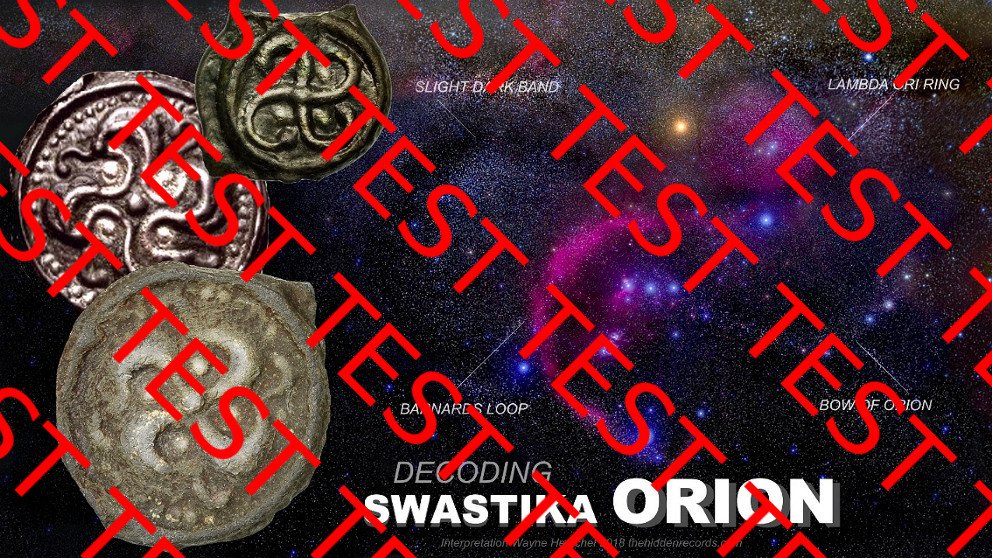 ASTRONOMICAL IMAGE OF ORION WITH AN OVERLAY OF A 6 MIN EXPOSURE SETTING FOR THE DARK BAND ARM AND A 4 MIN SETTING FOR THE NEBULA SEEN WITH CELTIC COINS THAT SHOW THE SAME SECRET