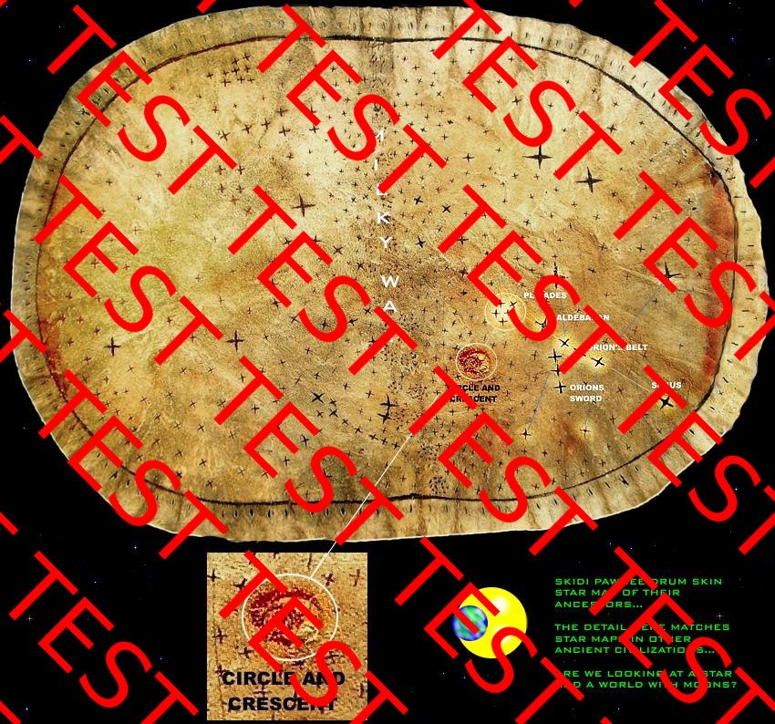 Skidi Pawnee drum skin displaying a circle and crescent, the Pleiades, Aldebaran and Orion